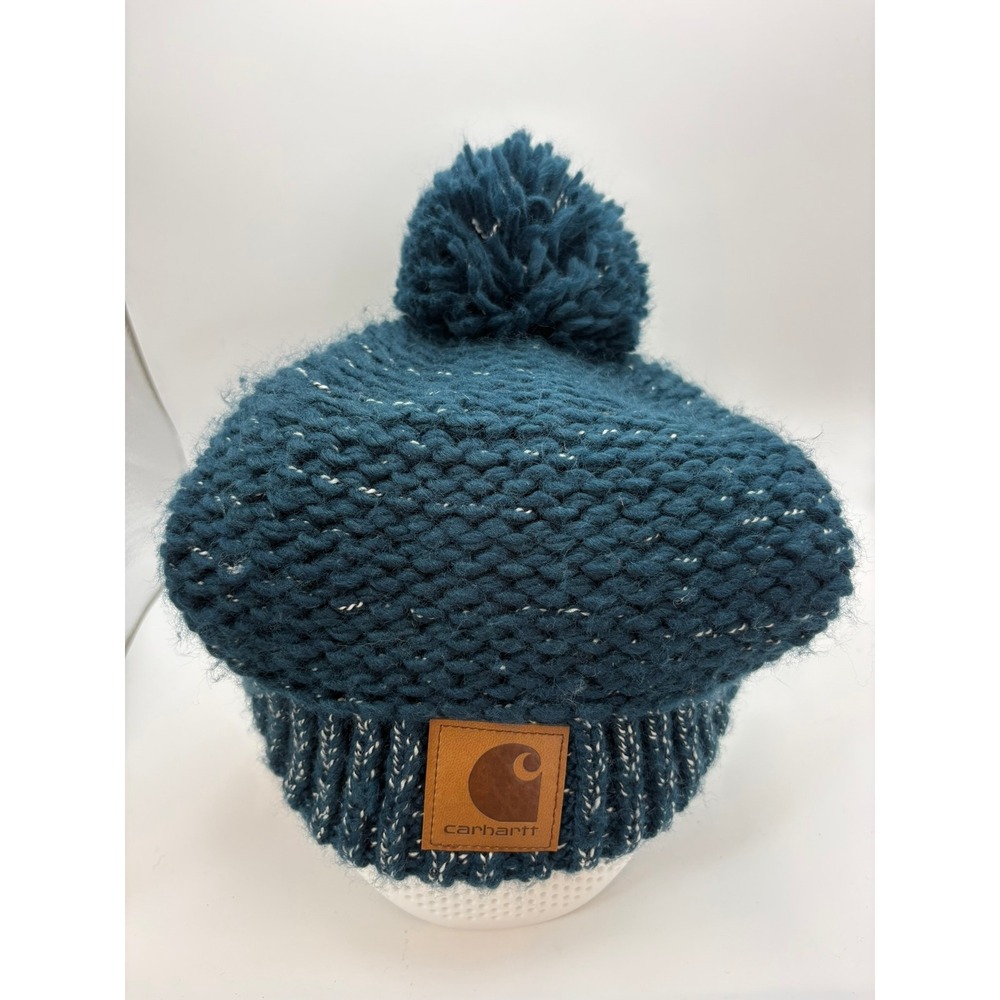 Carhartt Teal Blue Speckled Chunky Knit Pom Beanie Sherpa Lined Logo Patch